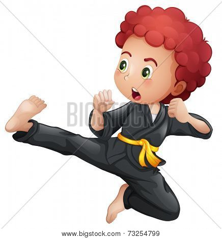 Illustration of a young boy doing karate on a white background