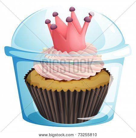 Illustration of a cupcake with a crown inside the disposable container on a white background