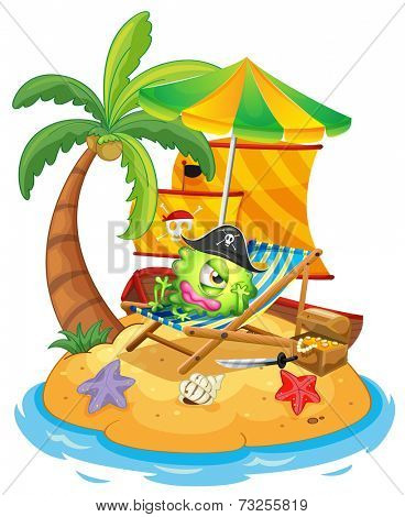 Illustration of an island with a monster pirate on a white background