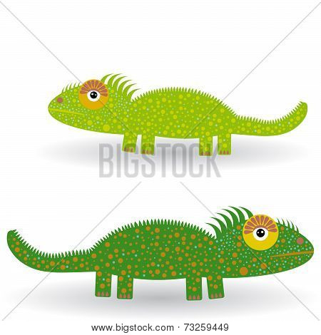 Funny Green Iguana On A White Background. Vector