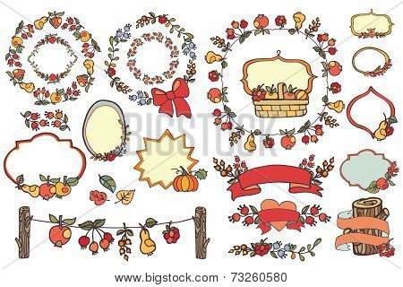 Doodle Harvest template set.Fruits,berries,decor elements
