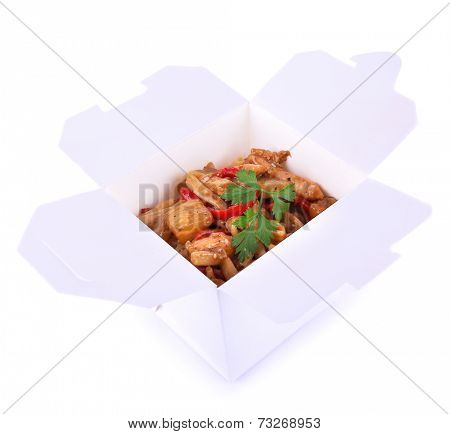 Fried noodle in takeaway box isolated on white