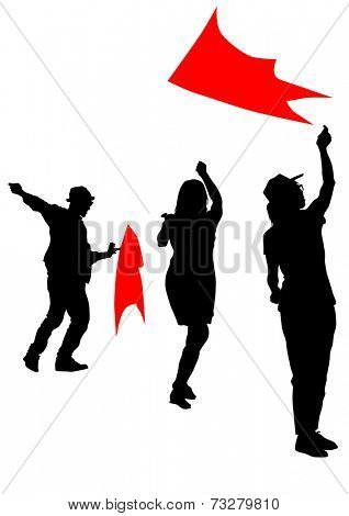 Silhouette of people with kite on white background