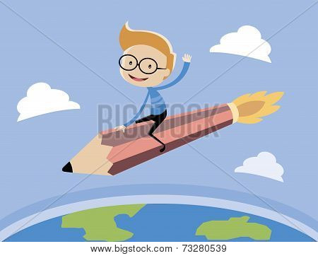 The boy riding the pencil rocket