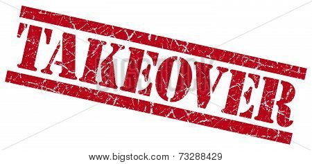 Takeover Red Square Grunge Textured Isolated Stamp