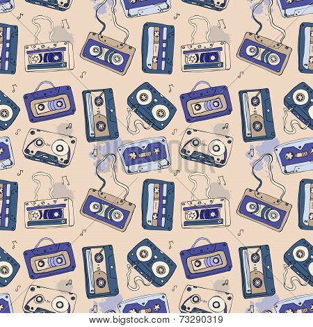 Audio cassette. Seamless pattern.