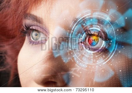 Future woman with cyber technology eye panel concept