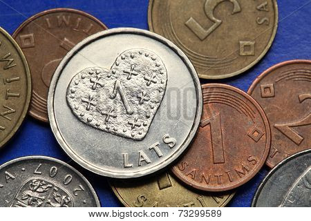 Coins of Latvia. A heart depicted in old Latvian one lats coin. 
