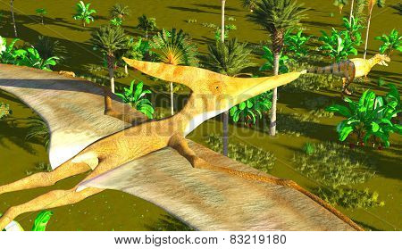 Flying pterodactyl over the land