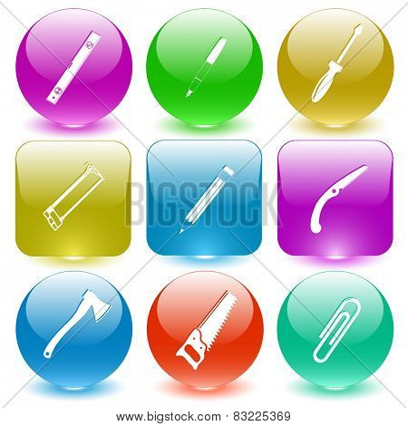 Tools set. Vector set glass buttons.