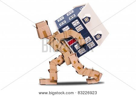 Man made of boxes carrying a house on his back with a white background