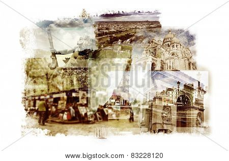 multiple exposures of different landmarks in Paris, France such as the Eiffel Tower, the Basilica of the Sacred Heart, some bridges above the Seine River or the Arc de Triomphe