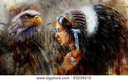 Beautiful Mystic Painting Of A Young Indian Woman Wearing A Big Feather Headdress, A Profile Portrai