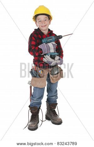 Young boy pretending to be a carpenter