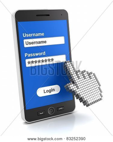 Login screen on a smartphone, 3d render