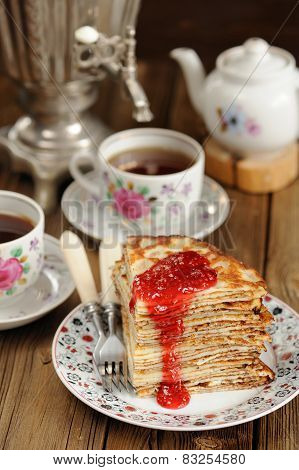 Russian Bliny With Raspberry Jam, Vintage Samovar And Teaware