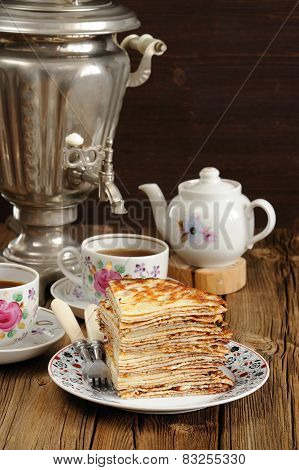 Russian Bliny With Vintage Samovar And Teaware