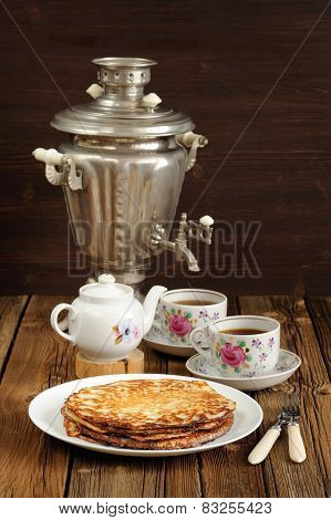 Russian Bliny With Vintage Samovar And Teaware
