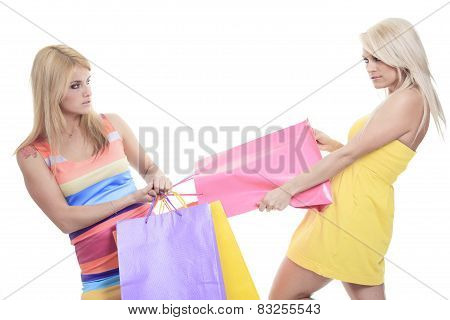 A ungry female shoppers smiling - isolated over a white backgrou