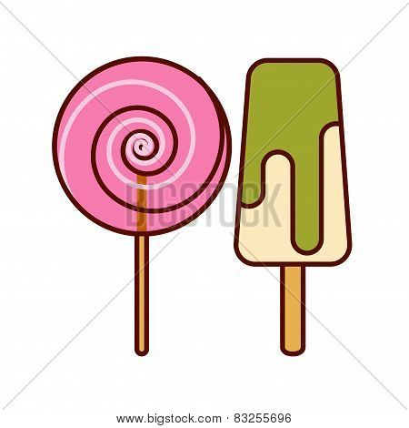 Pink and white round spiral candy. Strawberry lollipop.