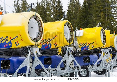 Modern snow cannons on a mountain ready for action