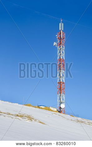 Telecommunications tower radio on snow hill