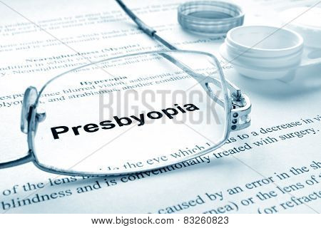 Paper with word  presbyopia
