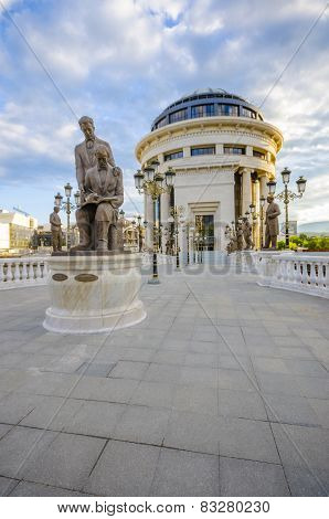 Fantastic sunrise view of Macedonian bridge of ART in Skopje