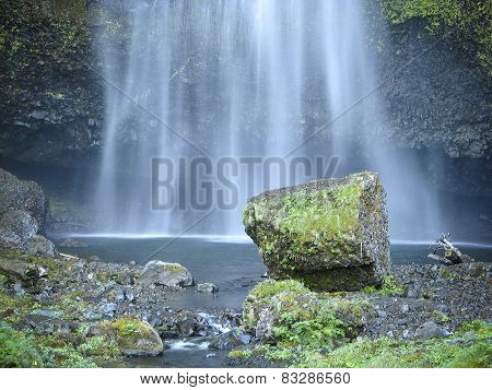 Waterfall landing with mist