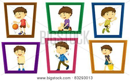 Illustration of a boy in different photo frames