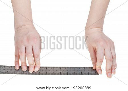 Female Hands With Metallic Ruler Isolated