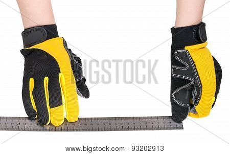 Worker Hands In Safety Glowes With Ruller Isolated