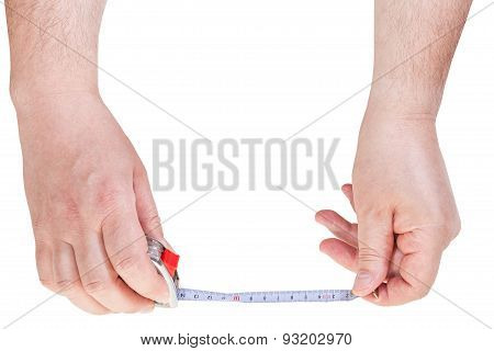 Male Hands With Measuring Tape Line Isolated