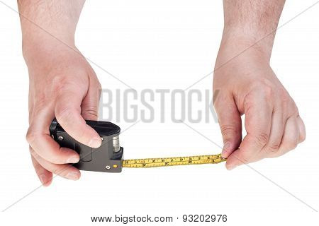 Man Hands With Tape Measure Isolated