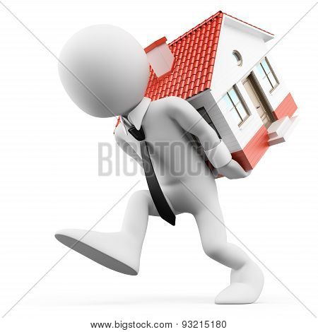 3D White People. Businessman Carrying A House. Mortgage