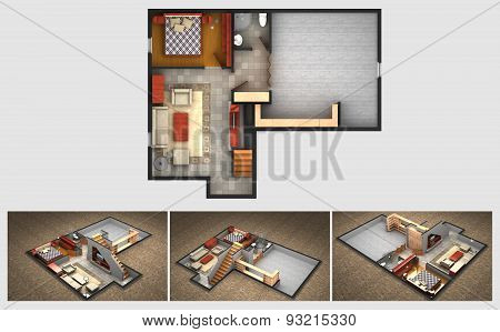 Rendered plan and three isometric views of a furnished house