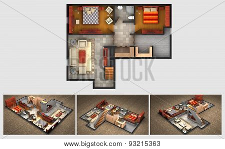 Rendered plan and three isometric views of a furnished house