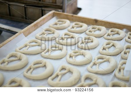 Fresh Pretzel Or Brezel Dough On Baker's Tray