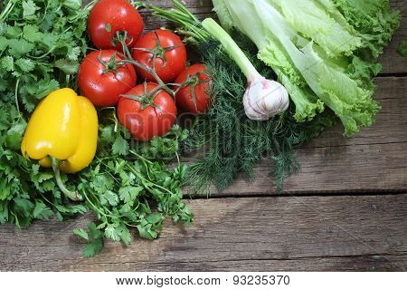 Fresh Vegetables: Tomatoes, Pepper, An Onions, Garlic, A Coriander, Fennel And Salad Leaves