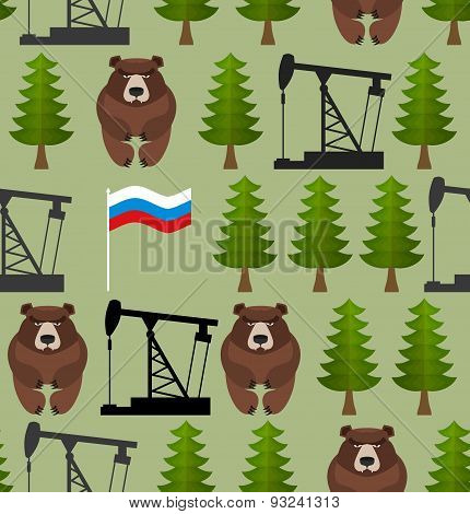 Russian seamless pattern. Bears and forest. Oil rig and a Russian flag. Patriotic background. Vector