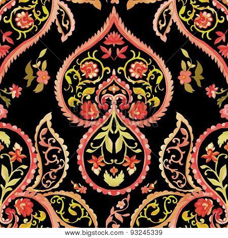 Watercolor paisley seamless pattern. Warm colors. Indian, persian or turkish art. Vector background.