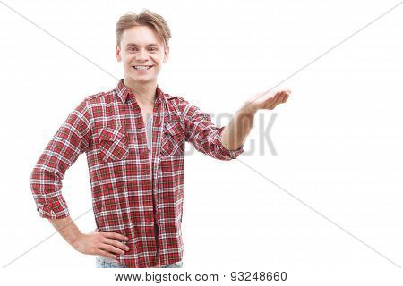 Cheerful guy rising his hand