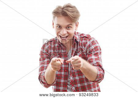 Pleasant guy pointing you