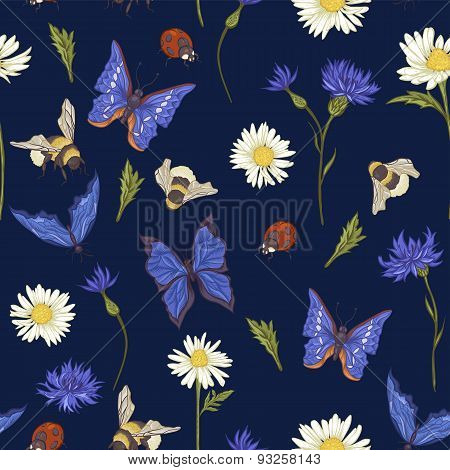 Summer Vintage Seamless Pattern with Blooming Chamomile
