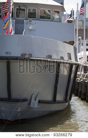 NEW YORK - MAY 22 2015: The bow of the YP 707 US Naval Academy Yard Patrol Craft used for at-sea training and research purposes by the students, moored at Pier 86 during Fleet Week NY 2015.