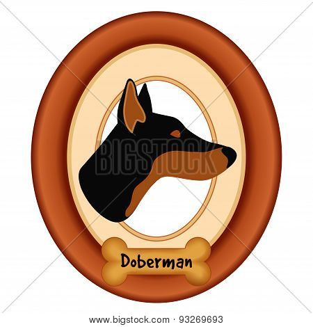 Doberman Pinscher Portrait, Wood Frame, Dog Bone Treat Tag