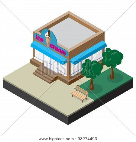 Isometric ice cream shop with bench and trees