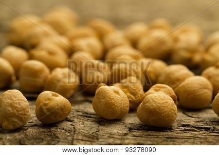 Bunch Of Chickpeas On The Old Wooden Background. Indian Cuisine