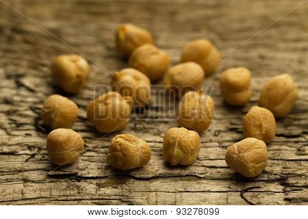 Bunch Of Chickpeas On The Old Wooden Background. Indian Cuisine