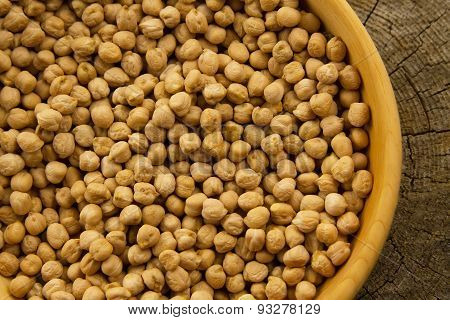 Bunch Of Chickpeas In A Bowl On Old Wooden Background. Indian Cuisine